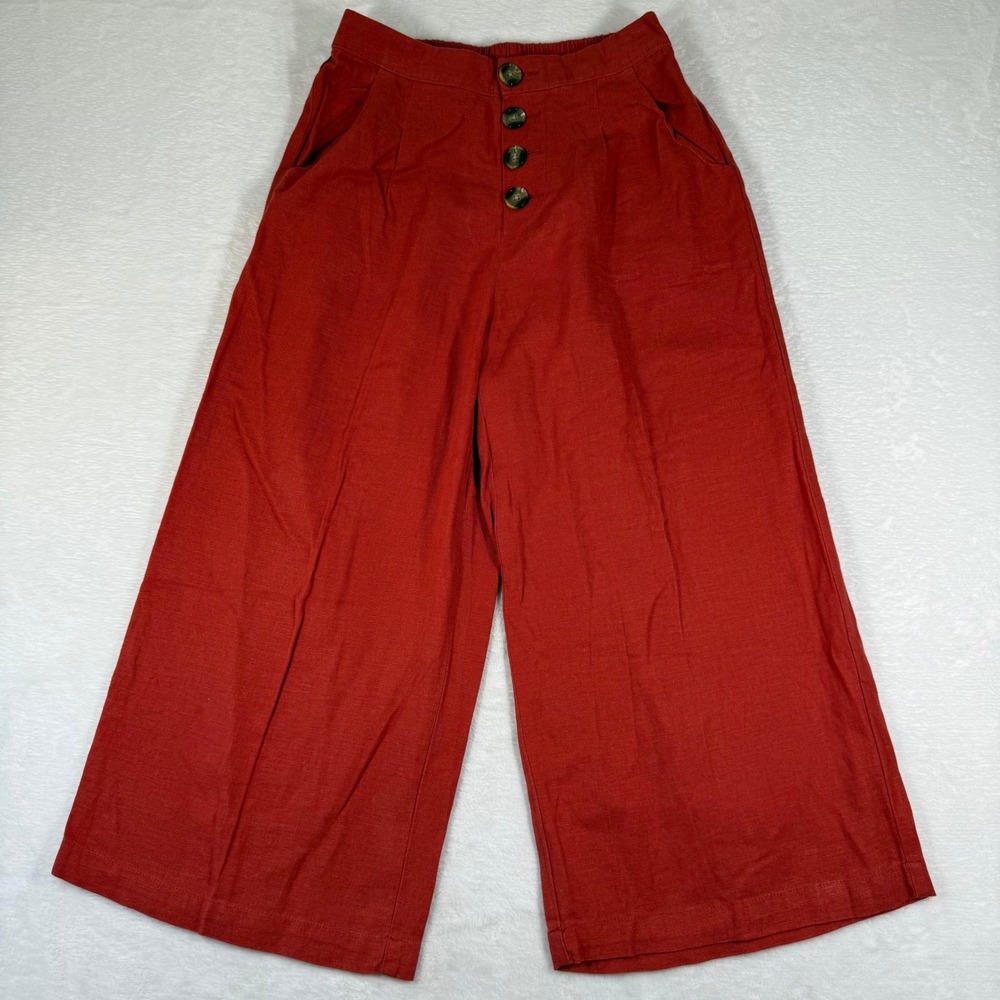 ana A New Approach Womens XS Rust Red Linen Blend Wide Leg Cropped Button Pants